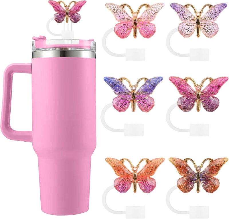 SEMATA 6PCS Cute Butterfly Straw Cover Cap for Stanley Cup Accessories,Bling Straw Toppers for Stanley Tumbler 40&30 oz,Reusable Straws Tips Protectors Compatible with 10mm Straws (Fuchsia) - Image 1